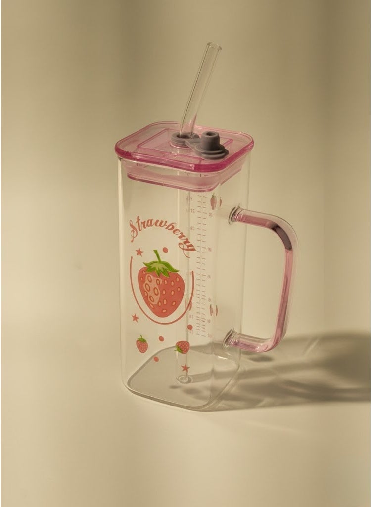 CASA HOME Strawberry Printed Measuring Water Bottle with Lid & Straw – Transparent Reusable Drink Bottle - Image 1